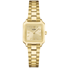 Gold watch with a square face on a white background