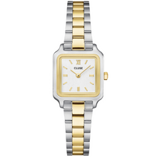 Two-tone watch with silver and gold straps on a white background
