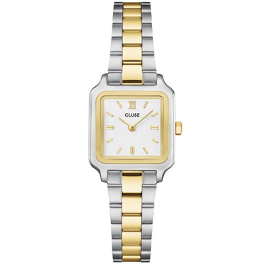 Two-tone watch with silver and gold straps on a white background