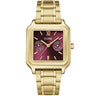 A CLUSE women's watch featuring a brushed gold-tone stainless steel case and link bracelet, with a textured magenta-purple dial and gold-tone hands and markers.