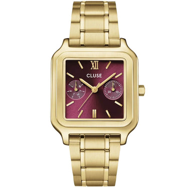 A CLUSE women's watch featuring a brushed gold-tone stainless steel case and link bracelet, with a textured magenta-purple dial and gold-tone hands and markers.