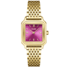 Gold watch with a pink face on a white background