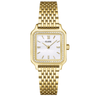 ladies gold watch with square face with a pearl surround