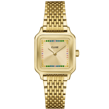 Gold watch with a colorful face on a white background