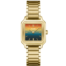 ladies gold Cluse watch with square dial and multi coloured dial