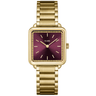 Gold watch with a purple face on a white background