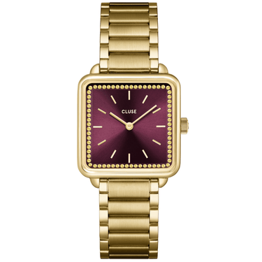 Gold watch with a purple face on a white background