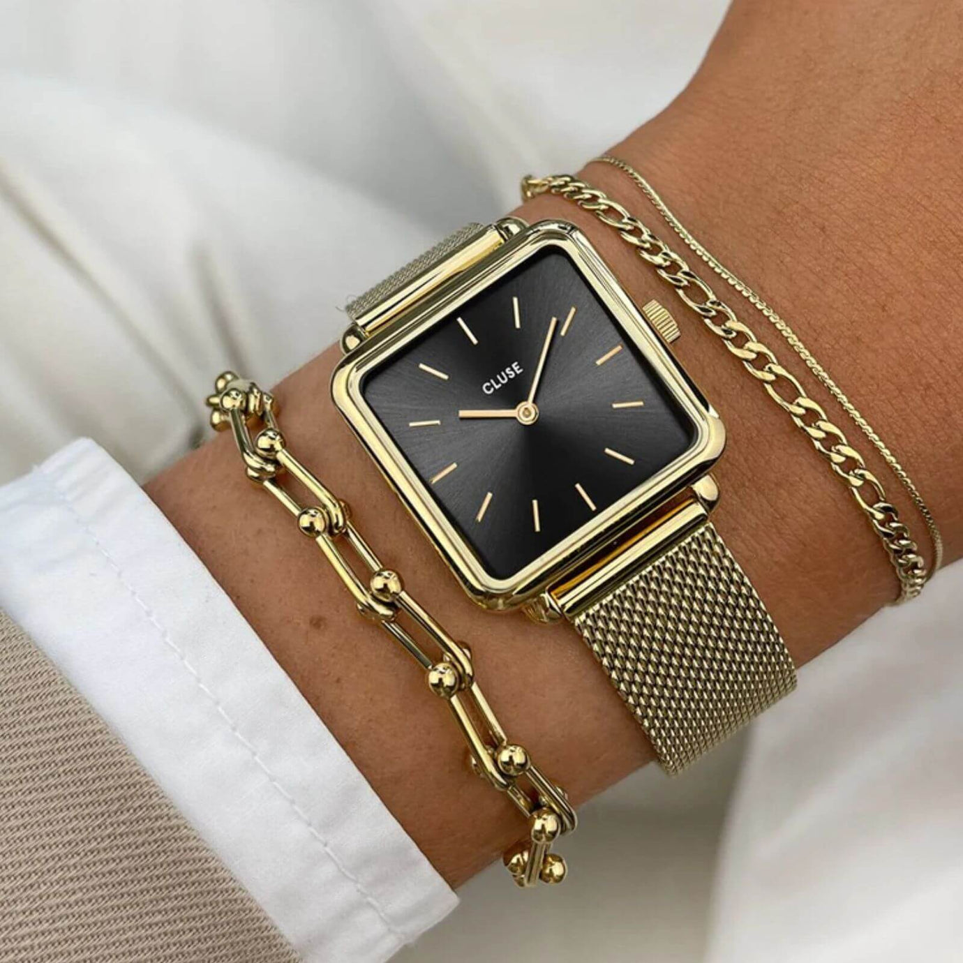 Cluse La Tetragone Gold Mesh Black Square Watch