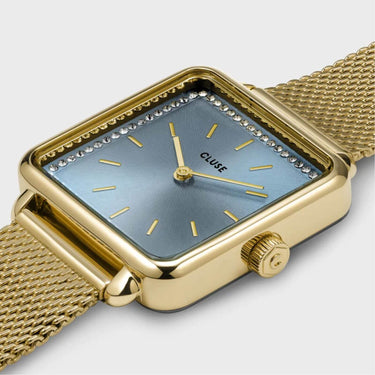 Cluse La Tetragone Gold Mesh Square Watch - Light Blue