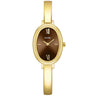 A gold-tone oval watch with a brown dial and Roman numeral hour markers, shown on a light gray background. The brand name 'CLUSE' is printed on the dial.