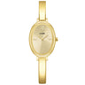 A gold-tone oval watch with a matching bangle strap, featuring a sunburst dial, Roman numeral hour markers, and the CLUSE brand name printed on the face, set against a plain white background.