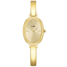 A gold-tone oval watch with a matching bangle strap, featuring a sunburst dial, Roman numeral hour markers, and the CLUSE brand name printed on the face, set against a plain white background.