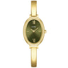 A CLUSE women's watch featuring a polished gold-tone oval case and integrated bracelet, with a dark olive green dial and gold-tone Roman numeral hour markers.
