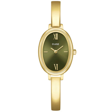 A CLUSE women's watch featuring a polished gold-tone oval case and integrated bracelet, with a dark olive green dial and gold-tone Roman numeral hour markers.