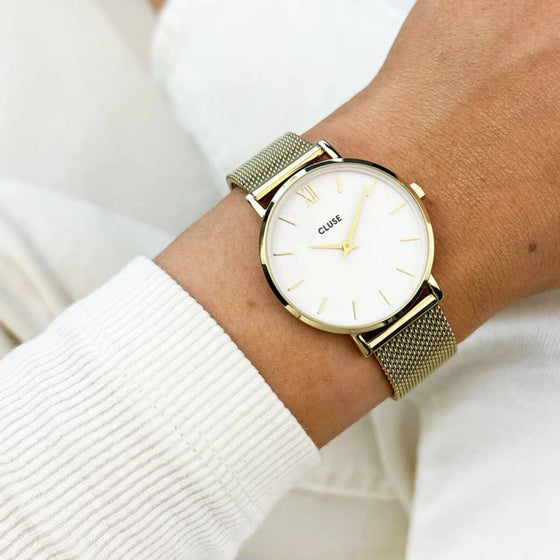 Cluse Minuit Gold Mesh Watch - White
