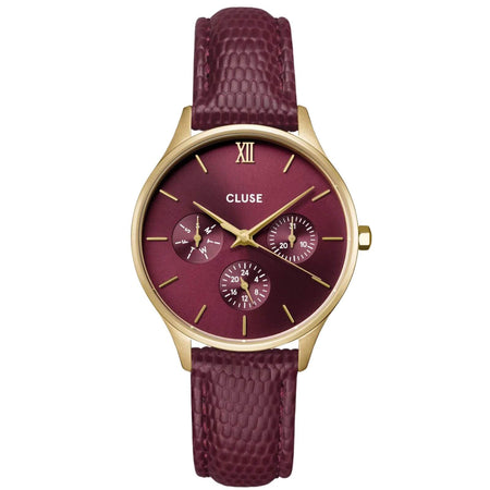 Cluse Minuit Multifunction Gold & Dark Cherry Leather Watch