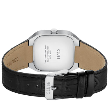 Cluse watch with black leather strap and silver case on a white background