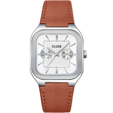 A CLUSE women's watch featuring a silver stainless steel case, a white dial with two subdials, and a brown textured leather strap, shown against a plain white background.