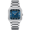 Silver Cluse watch with blue face on a white background