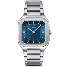 Silver Cluse watch with blue face on a white background