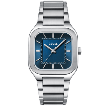 Silver Cluse watch with blue face on a white background