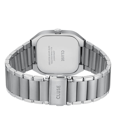 Silver Cluse watch with metal band on a white background