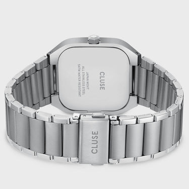 Silver Cluse watch with metal band on a white background