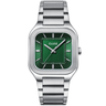 Cluse watch with green face and silver metal strap on a white background