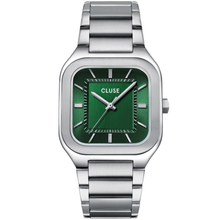 Cluse watch with green face and silver metal strap on a white background