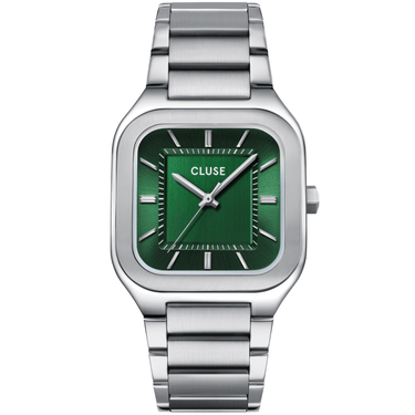 Cluse watch with green face and silver metal strap on a white background