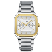 Cluse watch with silver and gold design on a white background