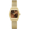 A CLUSE women's watch featuring a gold-tone metal mesh strap, a gold-tone case, and a brown dial with a gold-tone Roman numeral XII and hour markers.