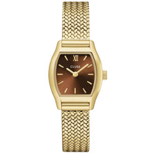 A CLUSE women's watch featuring a gold-tone metal mesh strap, a gold-tone case, and a brown dial with a gold-tone Roman numeral XII and hour markers.