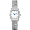 A CLUSE women's analog watch featuring a silver-tone stainless steel case, a textured mesh strap, a white dial, and blue hands.