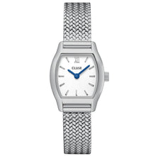 A CLUSE women's analog watch featuring a silver-tone stainless steel case, a textured mesh strap, a white dial, and blue hands.