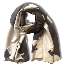 Brown and beige patterned scarf on a white background