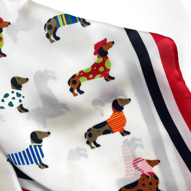 Fabric with colorful dachshund dogs wearing clothes on a white background