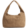 Brown handbag with gold studs on a white background