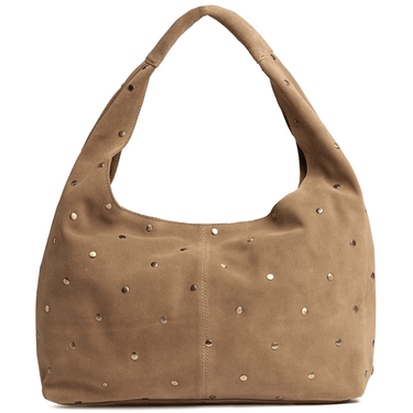 Brown handbag with gold studs on a white background