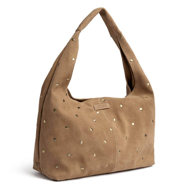 Brown handbag with stud details on a white background
