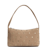 Beige handbag with gold studs on a white background
