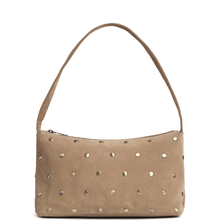 Beige handbag with gold studs on a white background