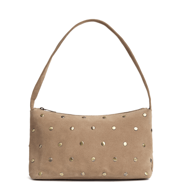 Beige handbag with gold studs on a white background