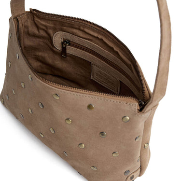 Brown leather handbag with studs on a white background