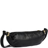 A black nylon fanny pack with a gold-tone metal ring closure and a small embossed brand label on the front, shown on a plain white background.