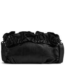Black handbag with ruffled top on a white background
