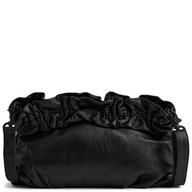 Black handbag with ruffled top on a white background