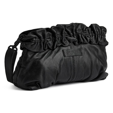 Black clutch bag with ruched design and visible brand logo on a white background
