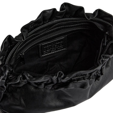 Black leather bag with ruched detailing and a brand logo on a white background