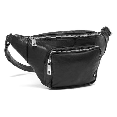 Black leather waist bag with zippers on a white background